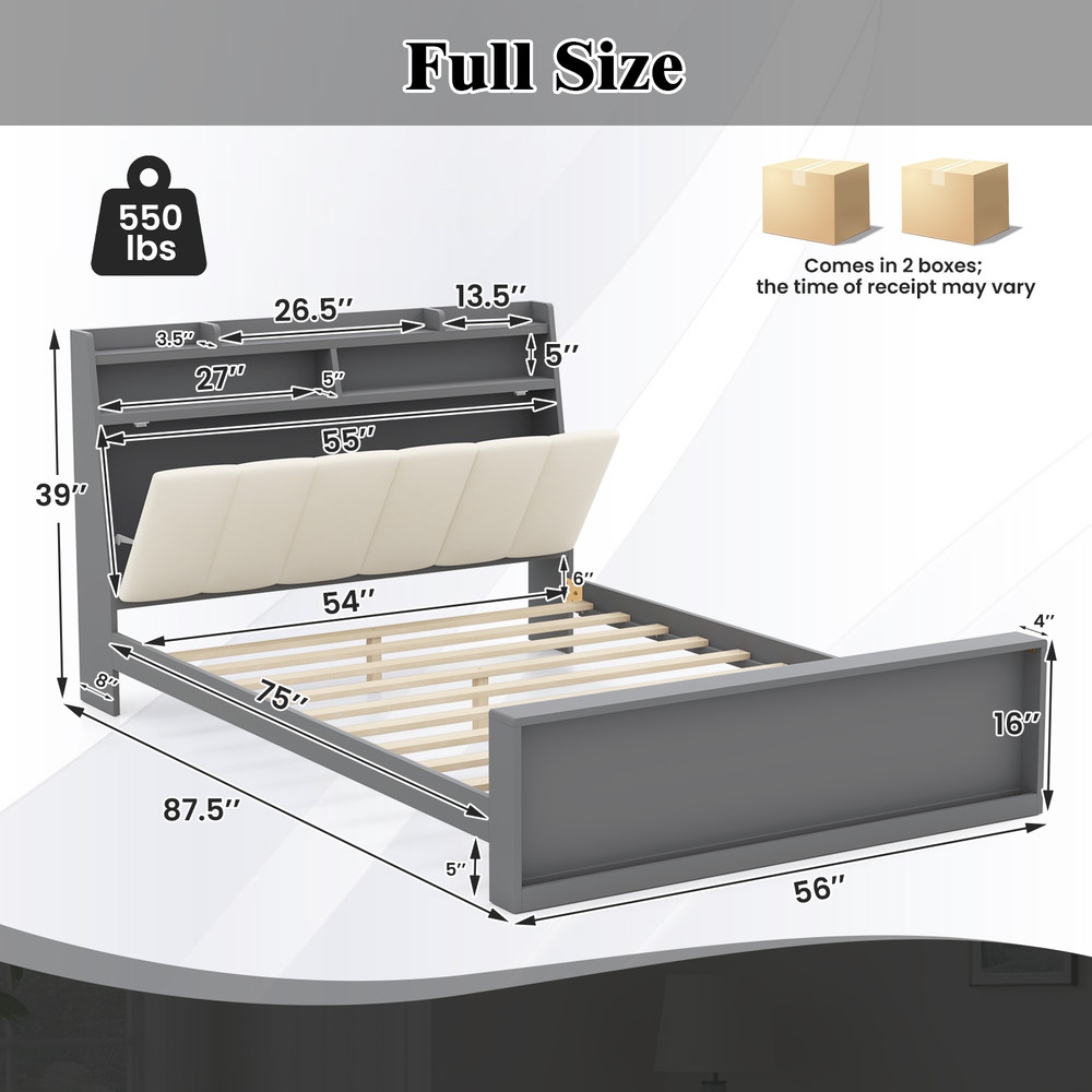 Full Size Platform Bed with Storage & Headboard, Modern Upholstered Bed Frame with 5 Shelves & 550lb Capacity