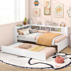 twin daybed with trundle & shelves, space saving platform bed frame for guest rooms & small spaces