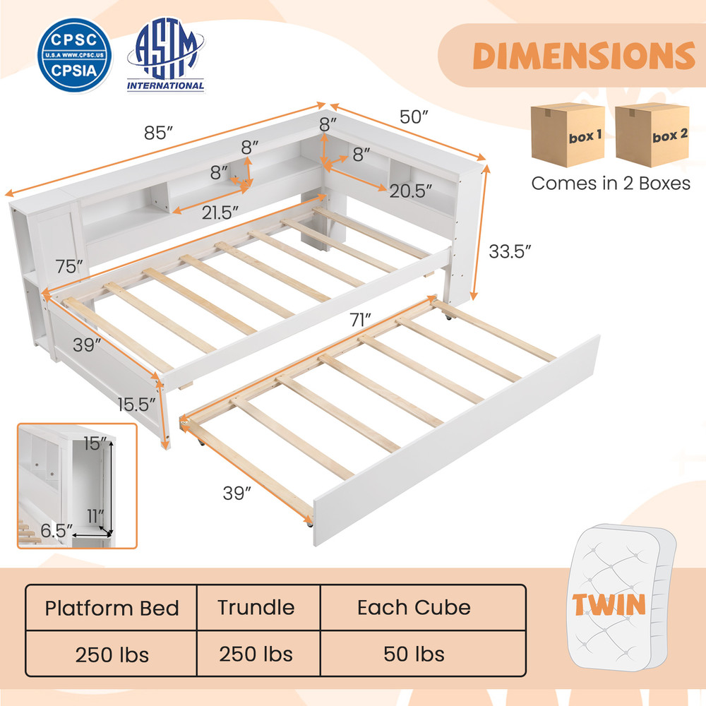 Twin Daybed with Trundle & Shelves, Space Saving Platform Bed Frame for Guest Rooms & Small Spaces