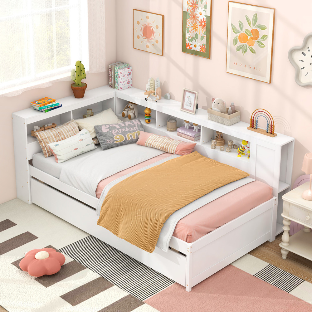 Twin Daybed with Trundle & Shelves, Space Saving Platform Bed Frame for Guest Rooms & Small Spaces