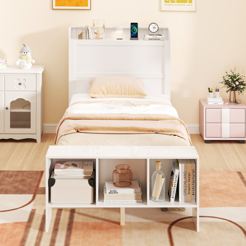 Modern Platform Bed with USB Charging,Twin Full Size Bed Frame with Storage Shelves & 3 Color LED Headboard Lights