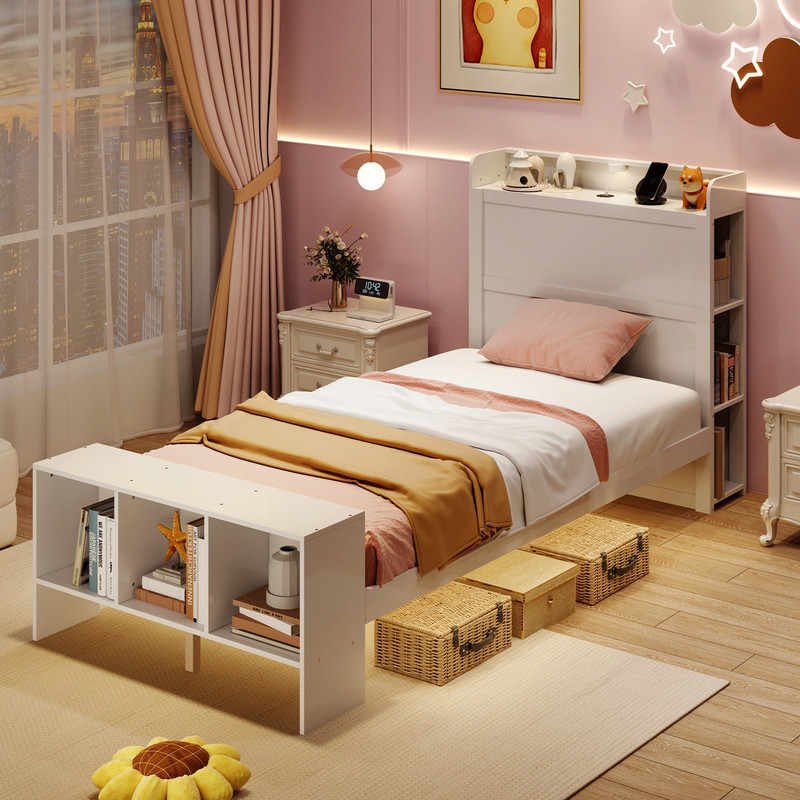 Modern Platform Bed with USB Charging,Twin Full Size Bed Frame with Storage Shelves & 3 Color LED Headboard Lights