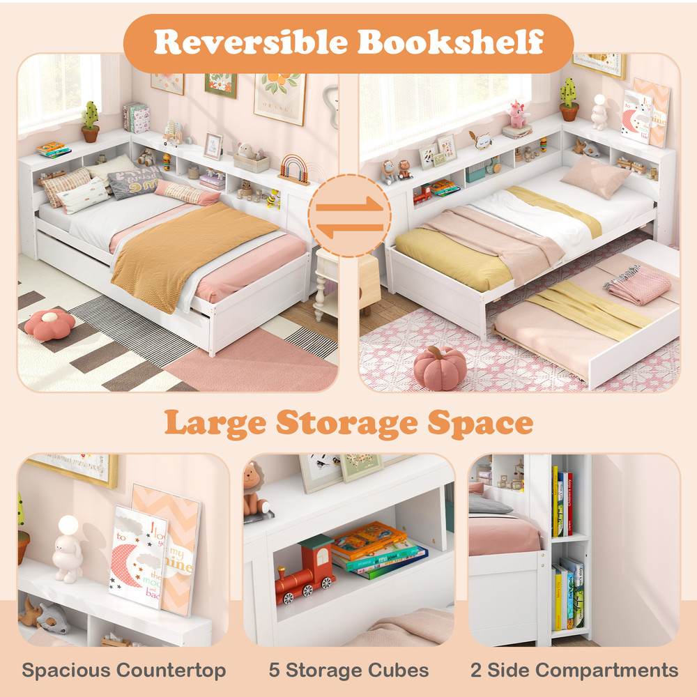 Twin Daybed with Trundle & Shelves, Space Saving Platform Bed Frame for Guest Rooms & Small Spaces