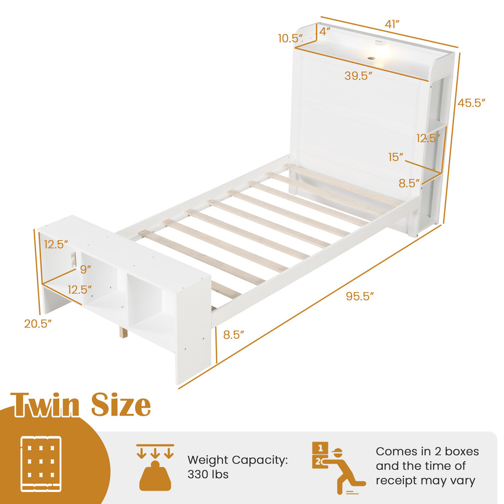 Modern Platform Bed with USB Charging,Twin Full Size Bed Frame with Storage Shelves & 3 Color LED Headboard Lights