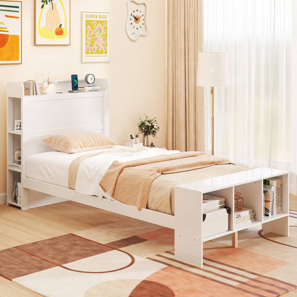 Modern Platform Bed with USB Charging,Twin Full Size Bed Frame with Storage Shelves & 3 Color LED Headboard Lights