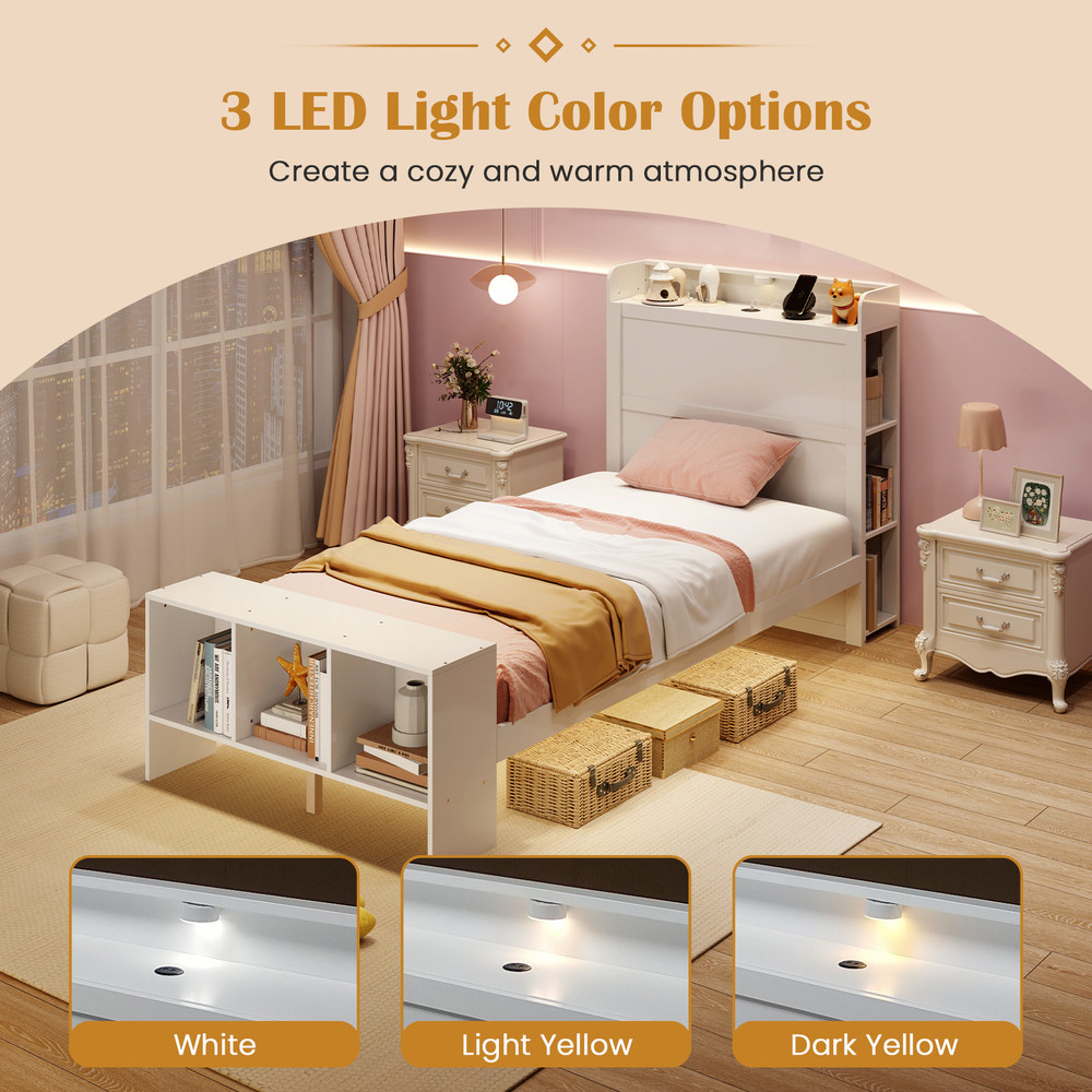 Modern Platform Bed with USB Charging,Twin Full Size Bed Frame with Storage Shelves & 3 Color LED Headboard Lights