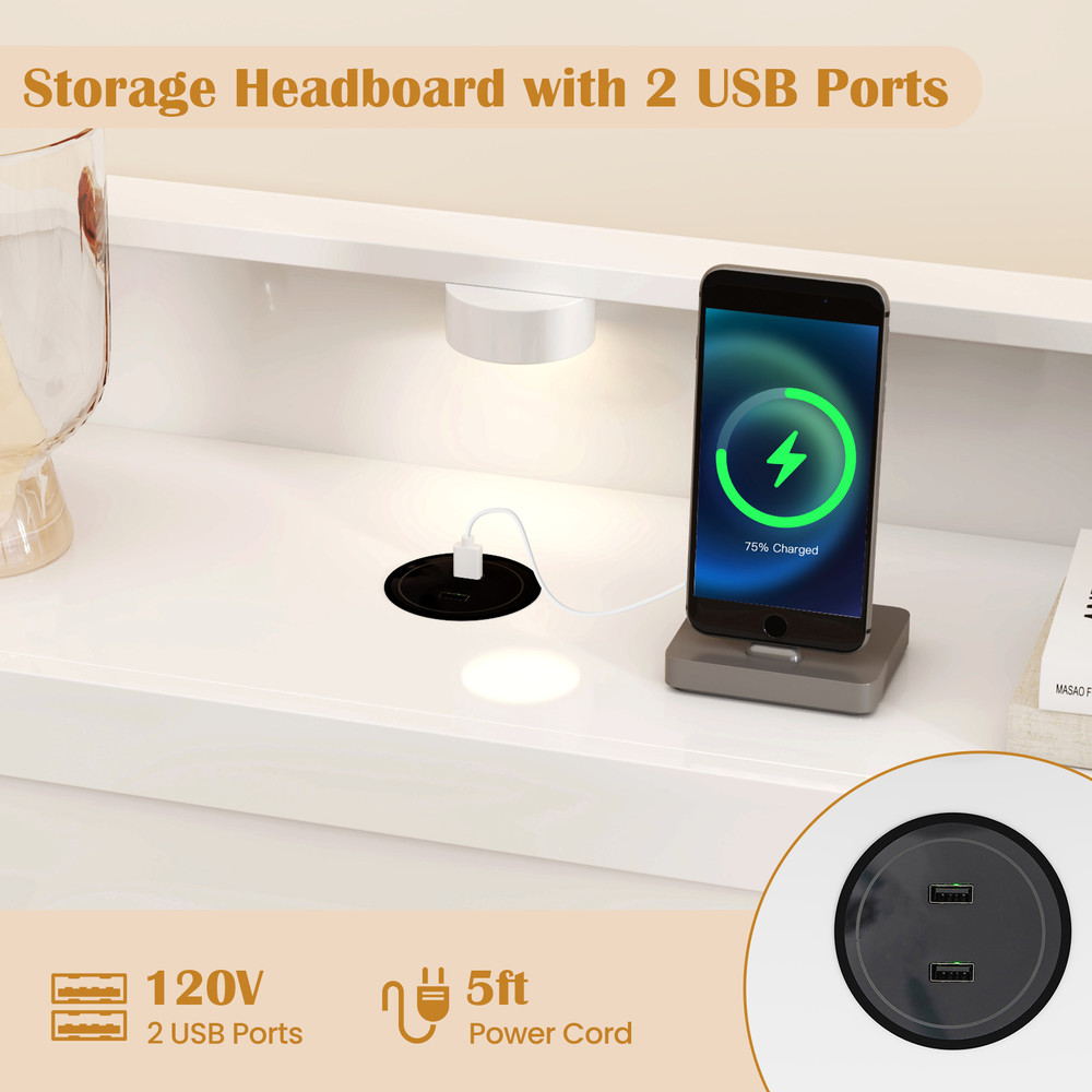Modern Platform Bed with USB Charging,Twin Full Size Bed Frame with Storage Shelves & 3 Color LED Headboard Lights