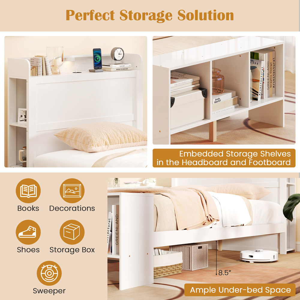 Modern Platform Bed with USB Charging,Twin Full Size Bed Frame with Storage Shelves & 3 Color LED Headboard Lights