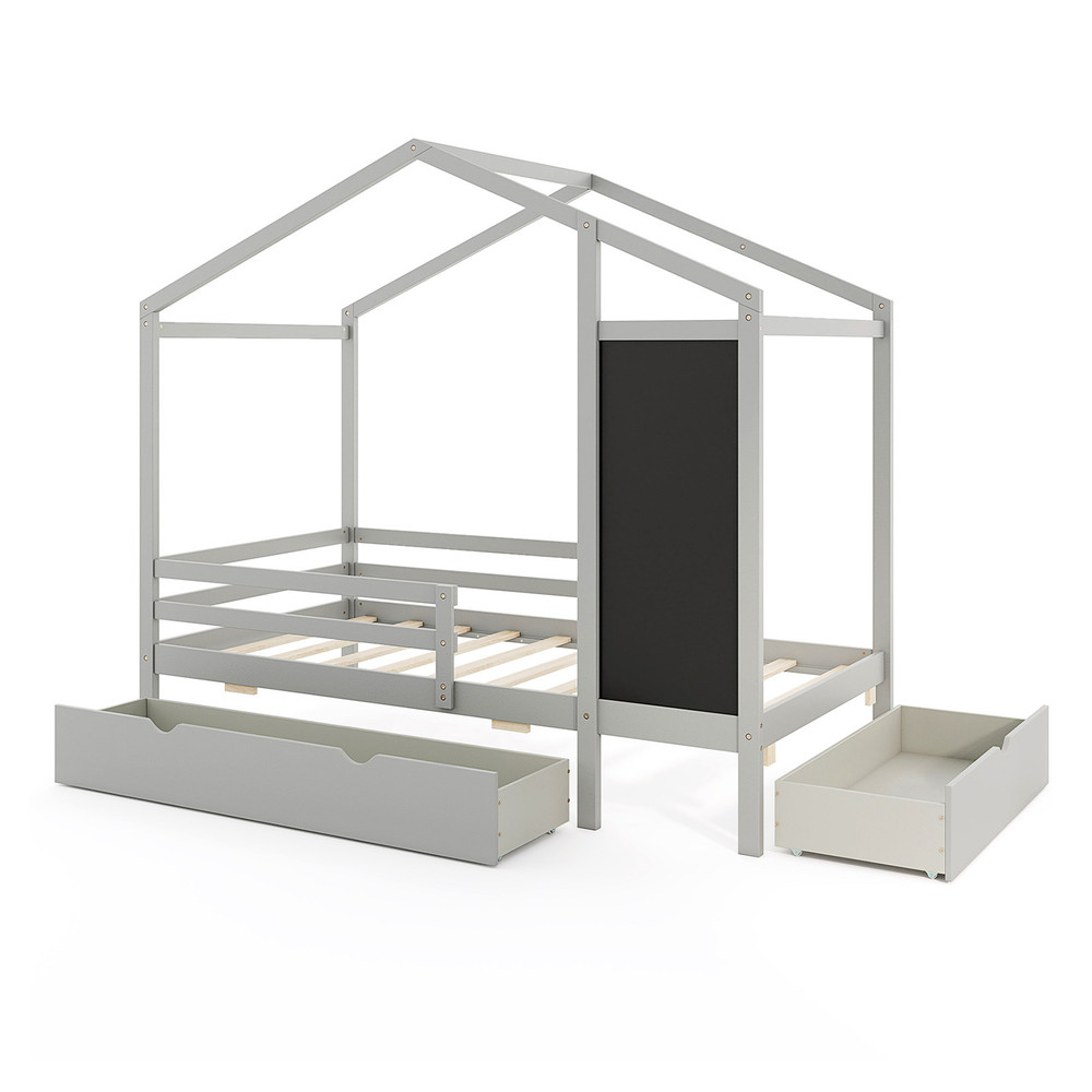 Solid Wood Twin House Bed with Blackboard & Storage, Kids DIY Playful Bed Frame