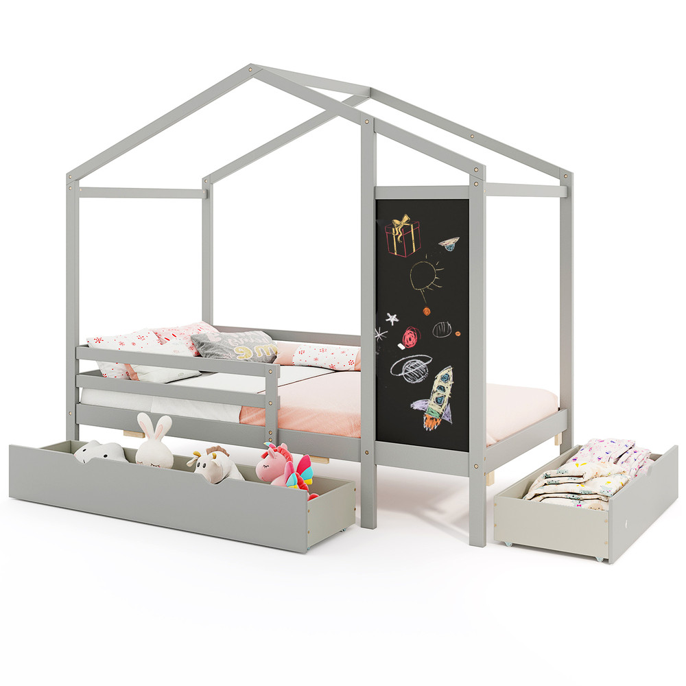Solid Wood Twin House Bed with Blackboard & Storage, Kids DIY Playful Bed Frame