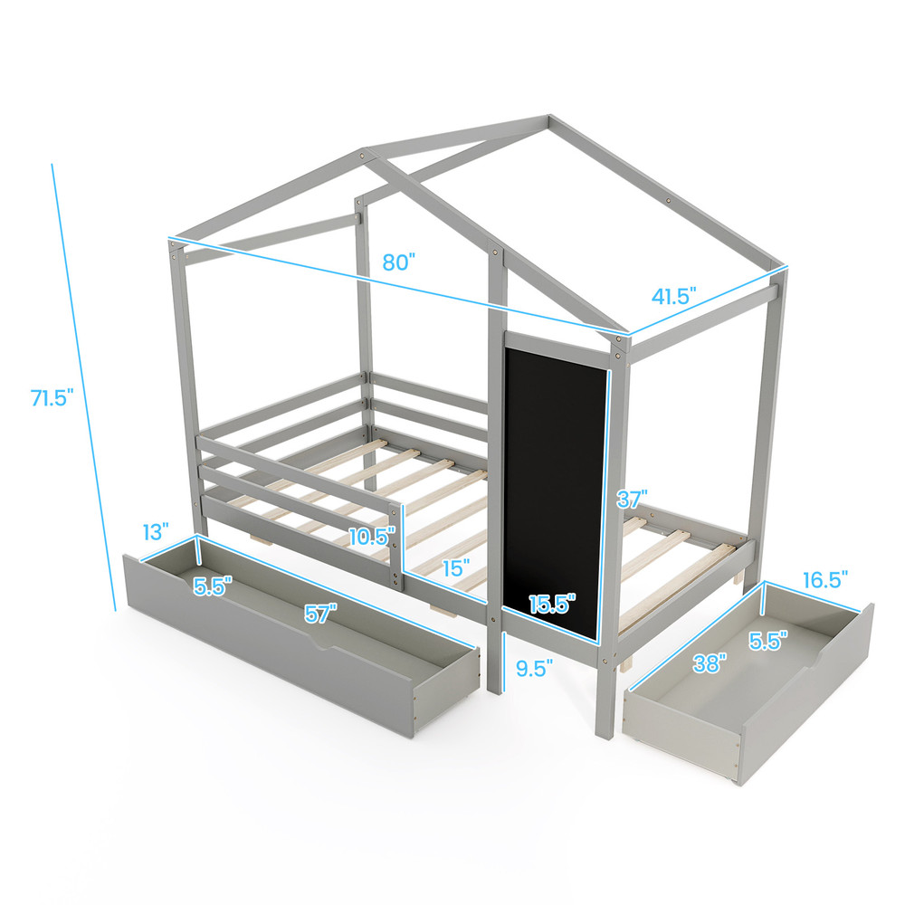 Solid Wood Twin House Bed with Blackboard & Storage, Kids DIY Playful Bed Frame