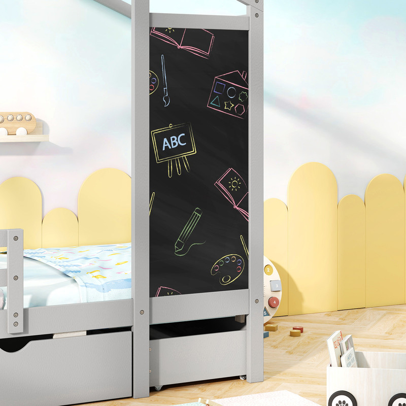 Solid Wood Twin House Bed with Blackboard & Storage, Kids DIY Playful Bed Frame