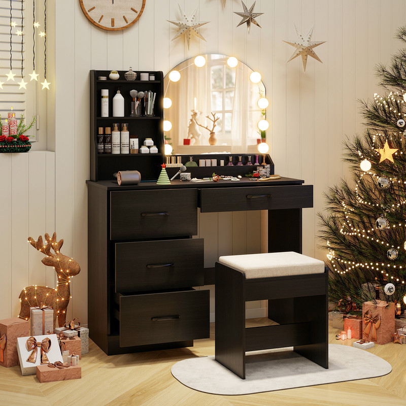 Makeup Vanity Desk with Lights & Mirror, Dressing Table & Stool Set w Charging Station