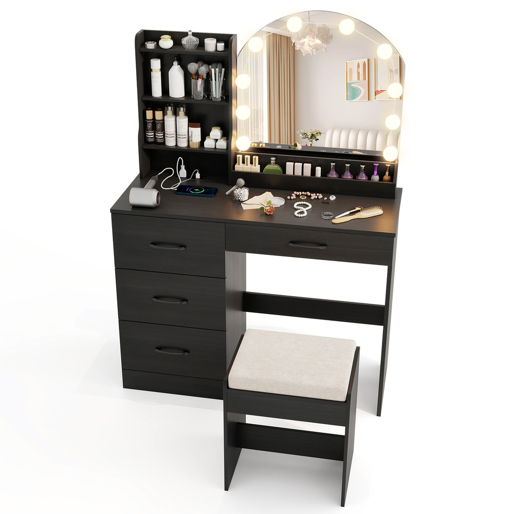 Makeup Vanity Desk with Lights & Mirror, Dressing Table & Stool Set w Charging Station