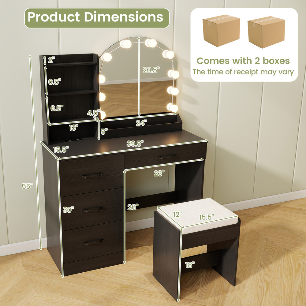 Makeup Vanity Desk with Lights & Mirror, Dressing Table & Stool Set w Charging Station