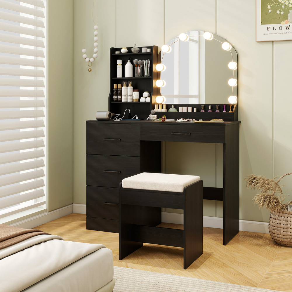 Makeup Vanity Desk with Lights & Mirror, Dressing Table & Stool Set w Charging Station