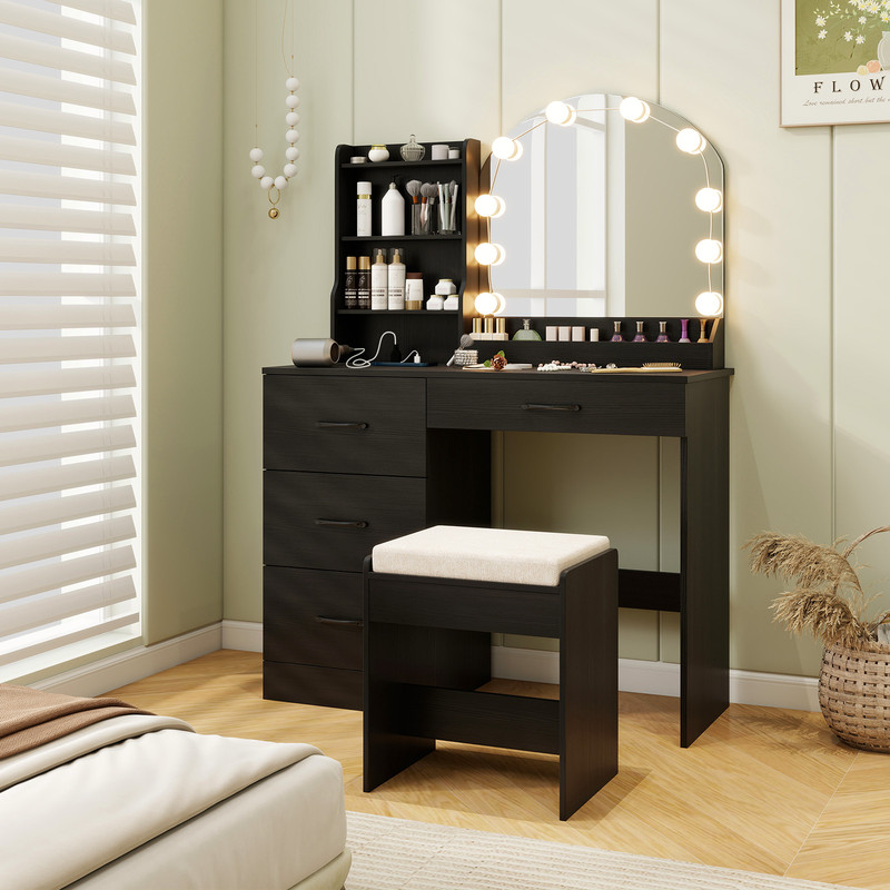 Makeup Vanity Desk with Lights & Mirror, Dressing Table & Stool Set w Charging Station