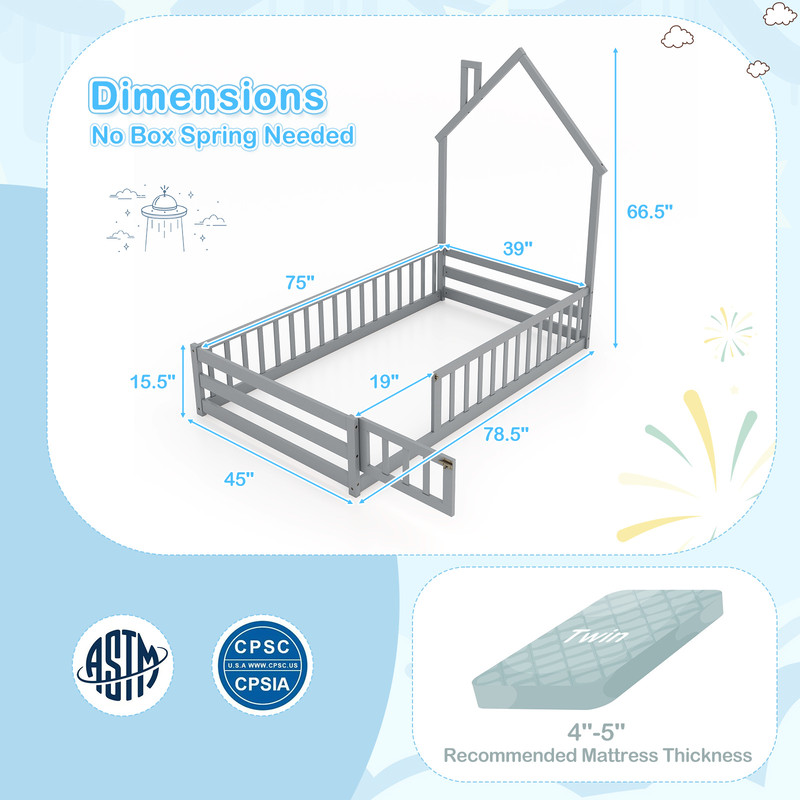 Twin Size Montessori Floor Bed with Lockable Door & Guardrail, Solid Wood House Bed for Kids