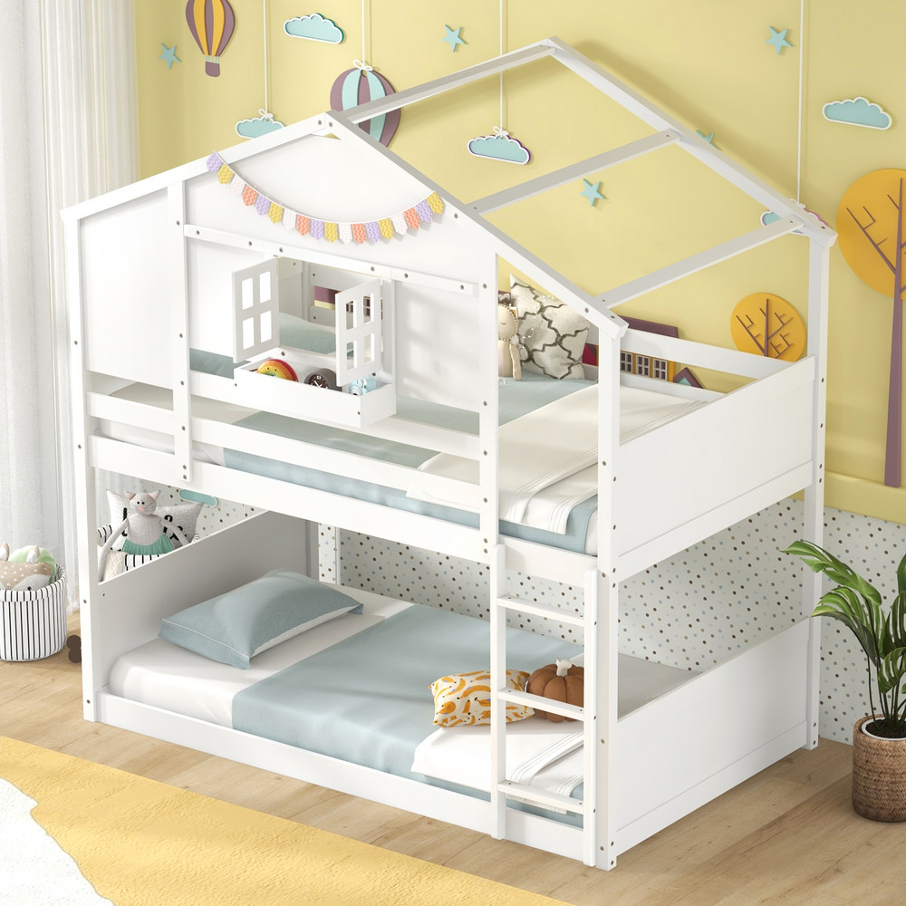 Twin Over Twin House Bunk Bed with Lockable Window & Roof, Solid Wood Kids Bunk Bed