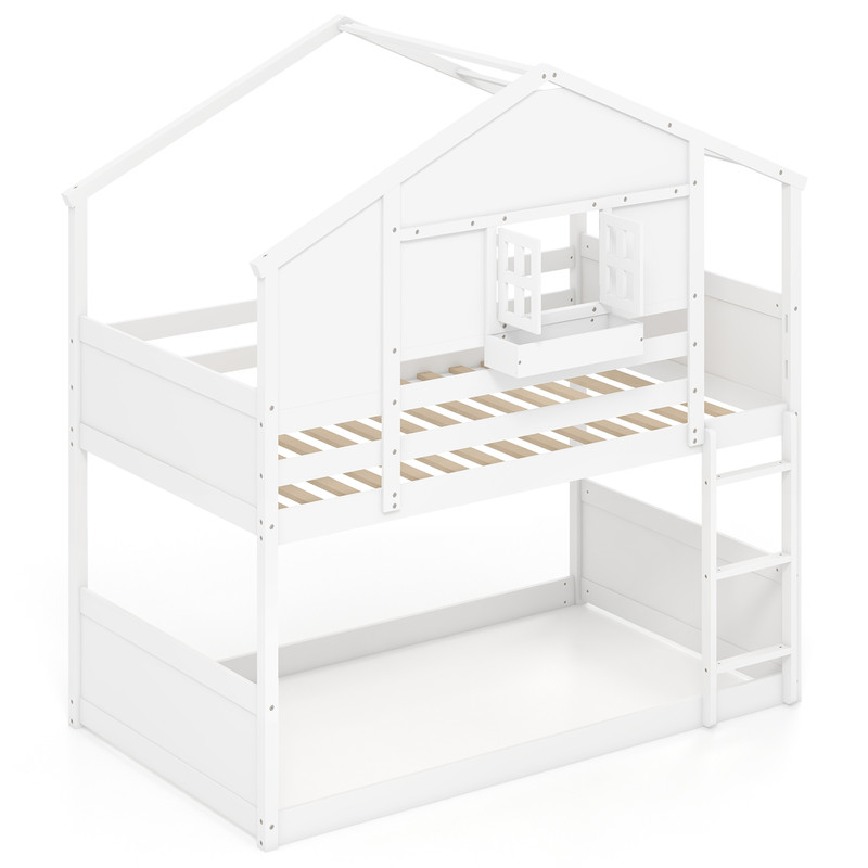 Twin Over Twin House Bunk Bed with Lockable Window & Roof, Solid Wood Kids Bunk Bed