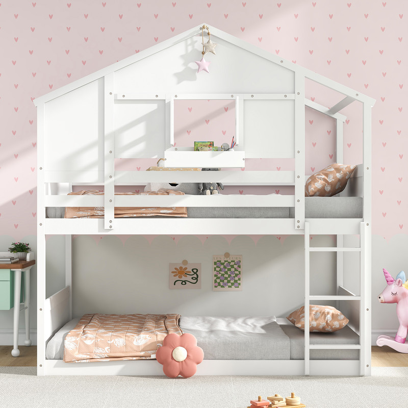 Twin Over Twin House Bunk Bed with Lockable Window & Roof, Solid Wood Kids Bunk Bed