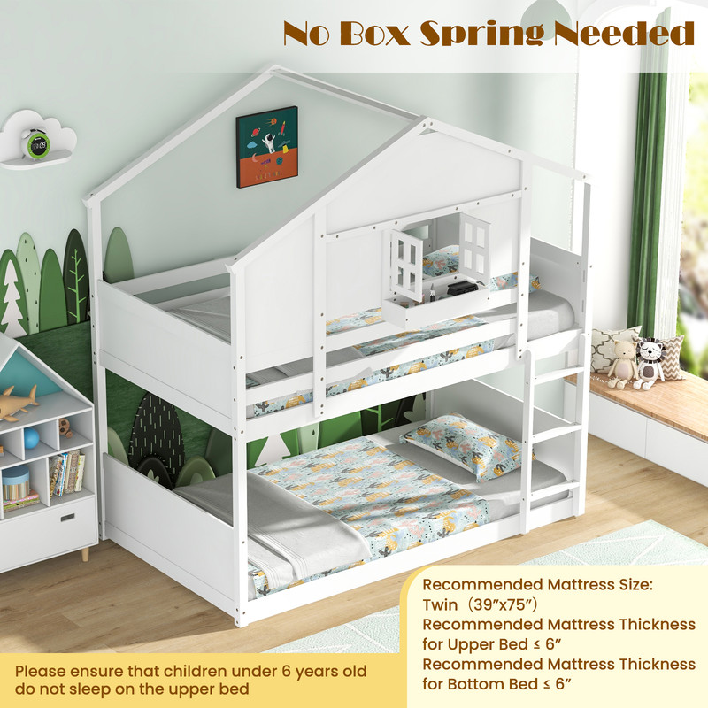 Twin Over Twin House Bunk Bed with Lockable Window & Roof, Solid Wood Kids Bunk Bed