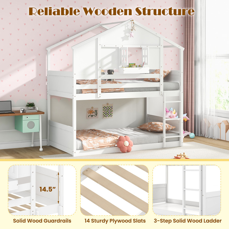Twin Over Twin House Bunk Bed with Lockable Window & Roof, Solid Wood Kids Bunk Bed