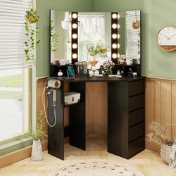 corner vanity desk with led lighted mirror & power outlets 3 color adjustable makeup station