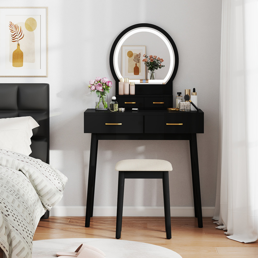 LED Vanity Table Set for Small Spaces 3 Color Mirror & Storage Drawers w Cushioned Stool