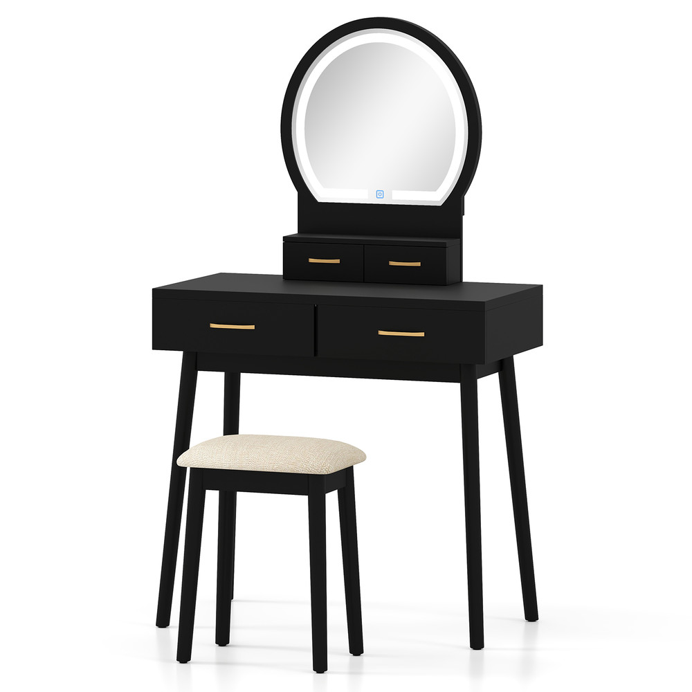 LED Vanity Table Set for Small Spaces 3 Color Mirror & Storage Drawers w Cushioned Stool