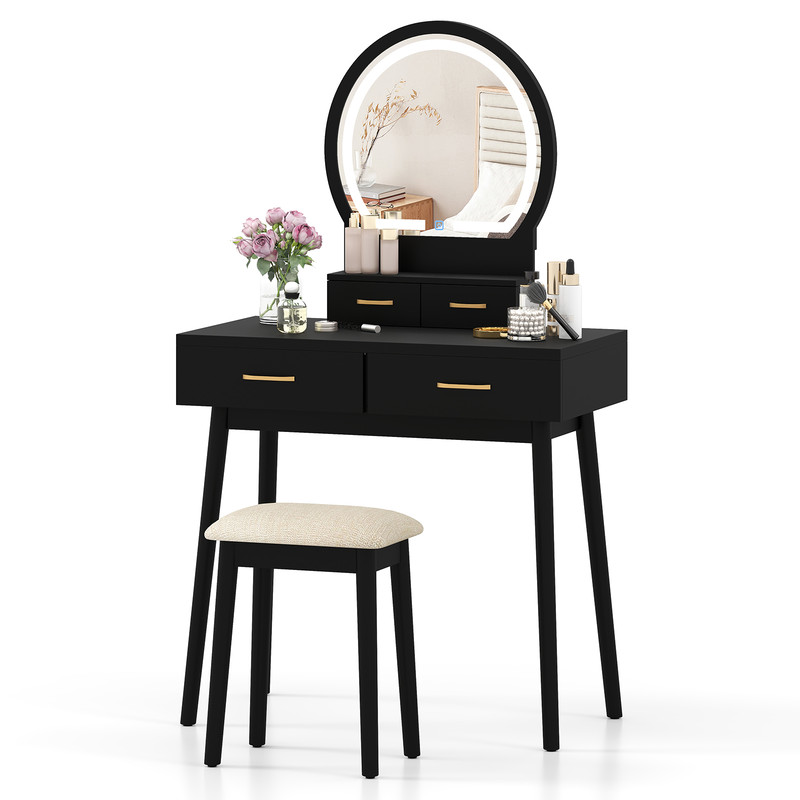 LED Vanity Table Set for Small Spaces 3 Color Mirror & Storage Drawers w Cushioned Stool