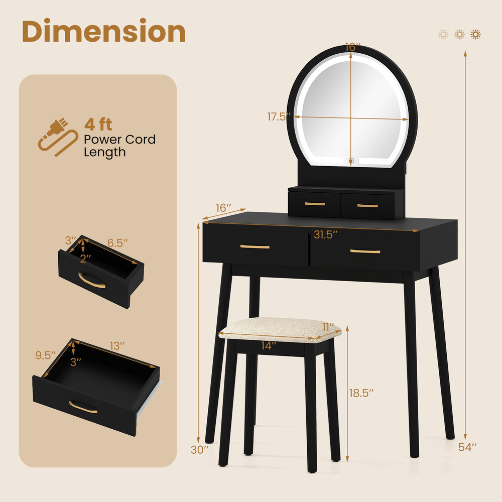 LED Vanity Table Set for Small Spaces 3 Color Mirror & Storage Drawers w Cushioned Stool