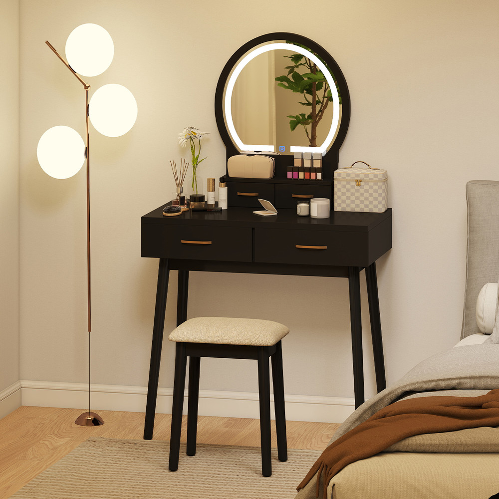 LED Vanity Table Set for Small Spaces 3 Color Mirror & Storage Drawers w Cushioned Stool