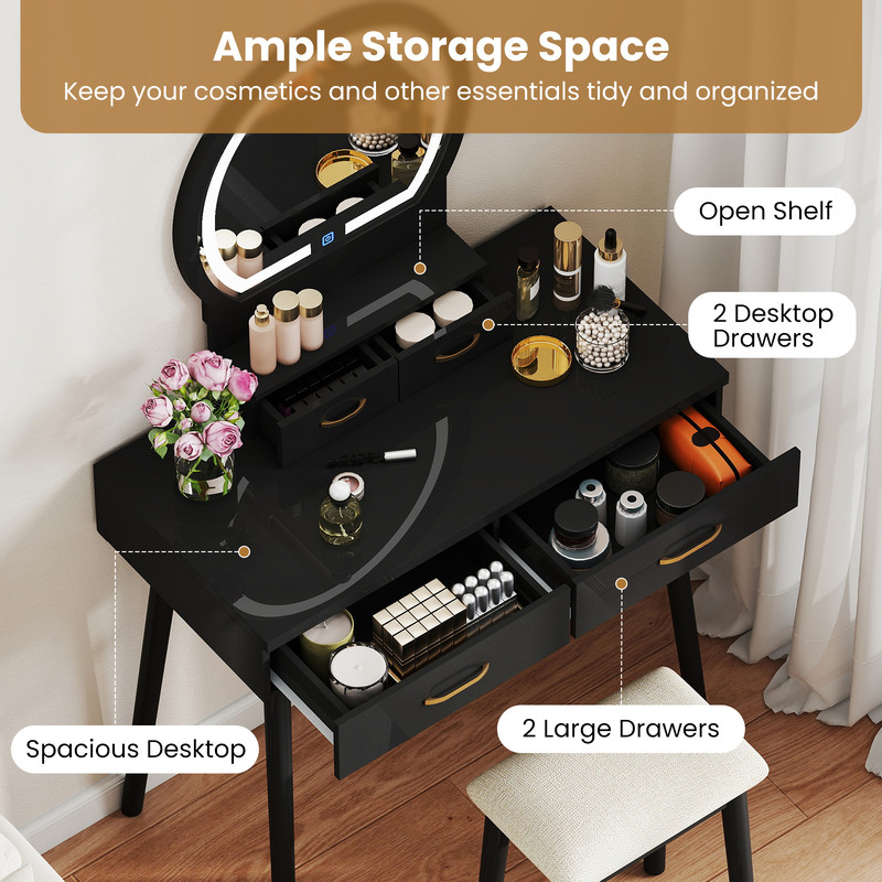 LED Vanity Table Set for Small Spaces 3 Color Mirror & Storage Drawers w Cushioned Stool