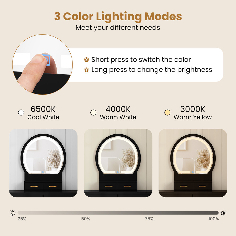 LED Vanity Table Set for Small Spaces 3 Color Mirror & Storage Drawers w Cushioned Stool