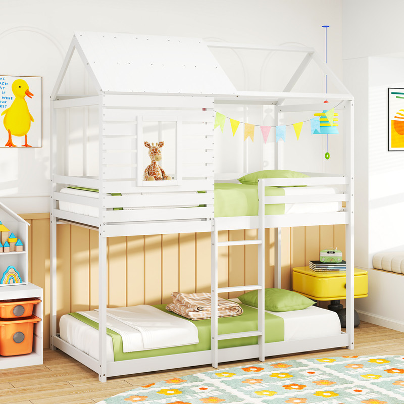 Kids Twin House Bunk Bed with Roof, Guardrails & Built-In Ladder, Durable & Fun