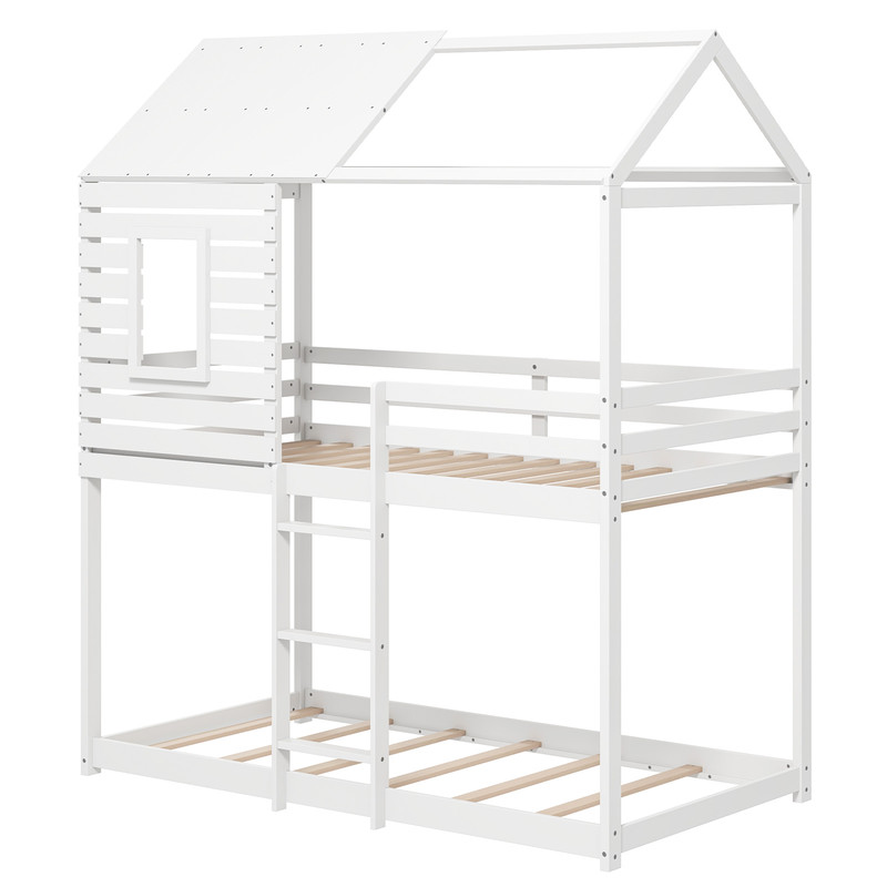 Kids Twin House Bunk Bed with Roof, Guardrails & Built-In Ladder, Durable & Fun