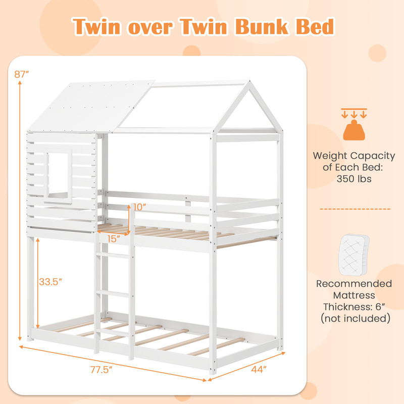 Kids Twin House Bunk Bed with Roof, Guardrails & Built-In Ladder, Durable & Fun