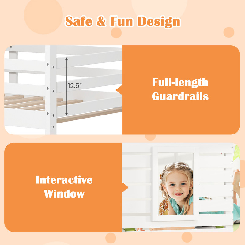Kids Twin House Bunk Bed with Roof, Guardrails & Built-In Ladder, Durable & Fun