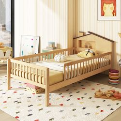 twin size kids montessori bed with house-shaped headboard & built-in storage shelf