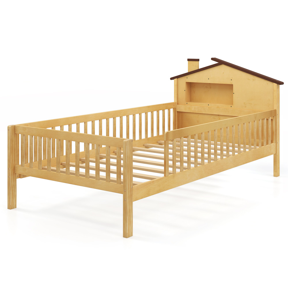Twin Size Kids Montessori Bed with House-Shaped Headboard & Built-in Storage Shelf