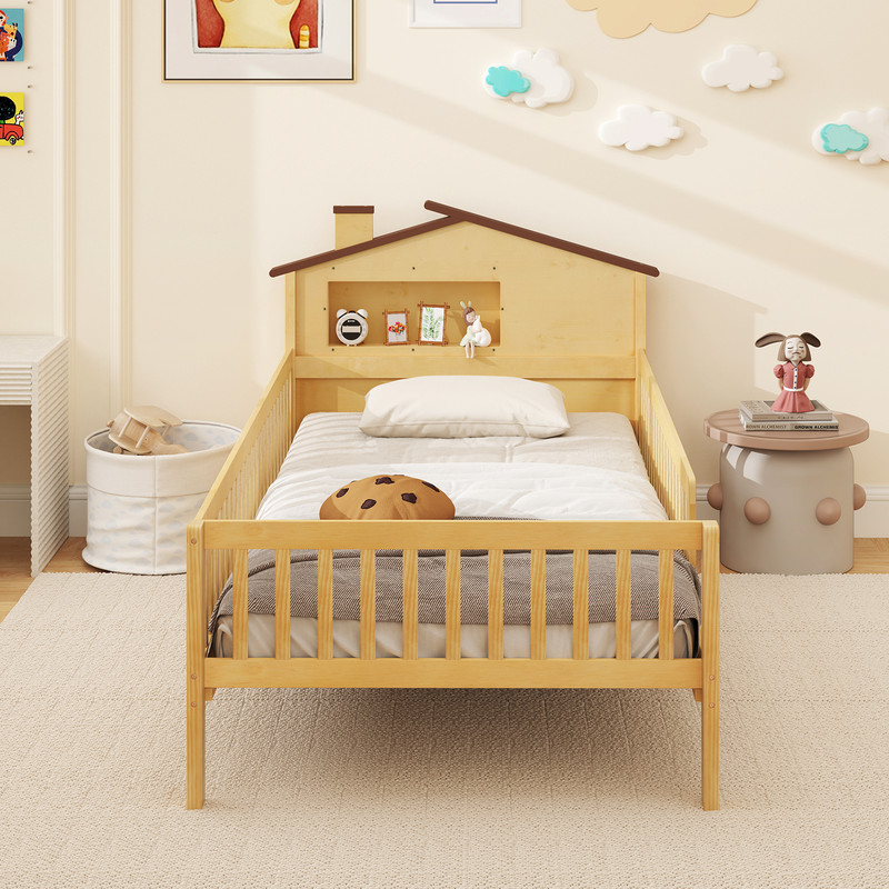 Twin Size Kids Montessori Bed with House-Shaped Headboard & Built-in Storage Shelf