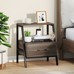 3-tier farmhouse nightstand with open shelf, rustic bedside table for bedroom & living room