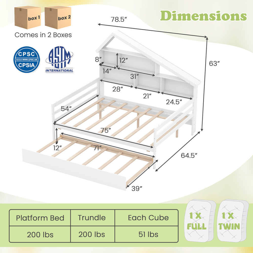 HouseShaped Full Size Daybed With Twin Size Trundle Sturdy Wood Frame Storage Cubes 5