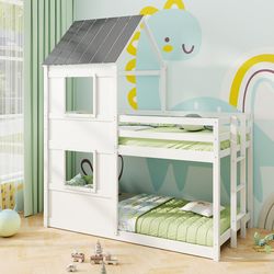wooden twin over twin bunk bed with full-length safety guardrail & ladder, space-saving kids bed