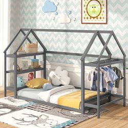 twin size montessori floor house bed with detachable storage shelves