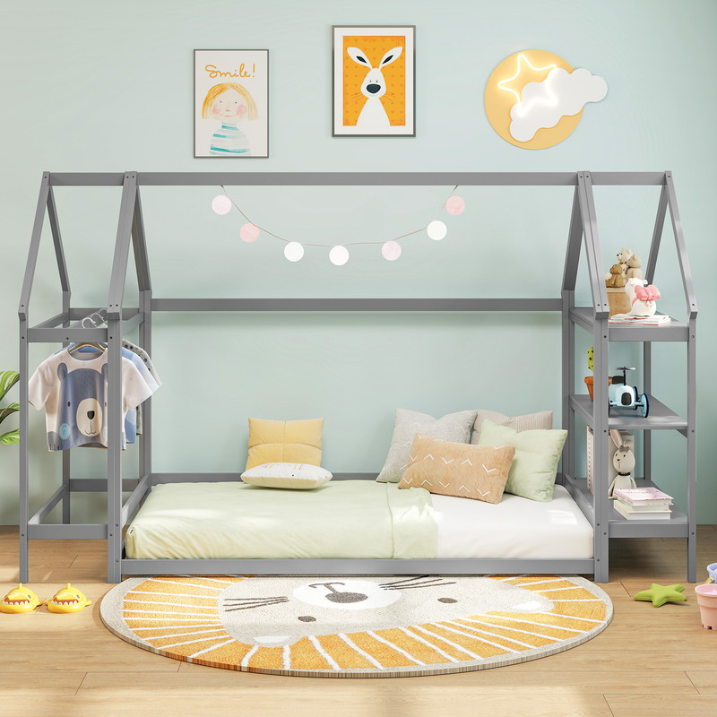 Twin Size Montessori Floor House Bed With Detachable Storage Shelves 2