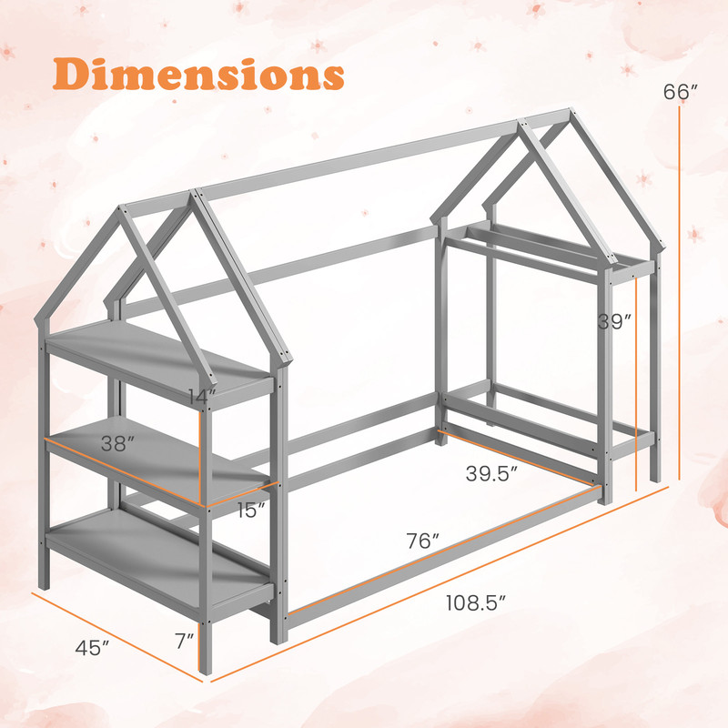 Twin Size Montessori Floor House Bed With Detachable Storage Shelves 5