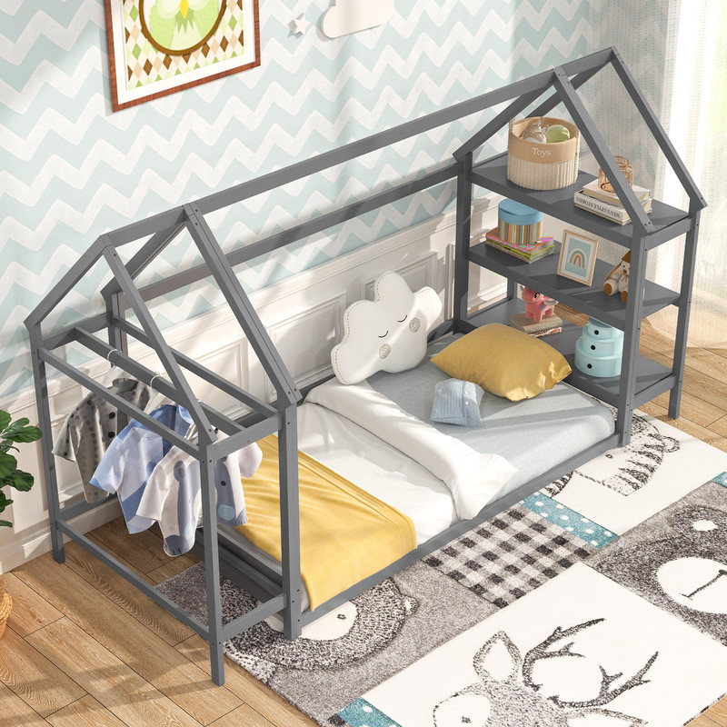 Twin Size Montessori Floor House Bed With Detachable Storage Shelves 1