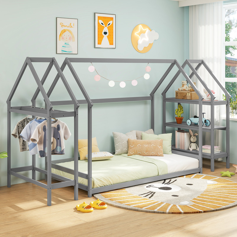 Twin Size Montessori Floor House Bed With Detachable Storage Shelves 3